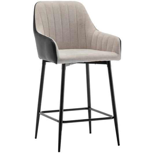 BTExpert Earth Tone 25" High Back Bar Stools, Beige Fabric & Black PU Leather Upholstered Chairs - Set of 2