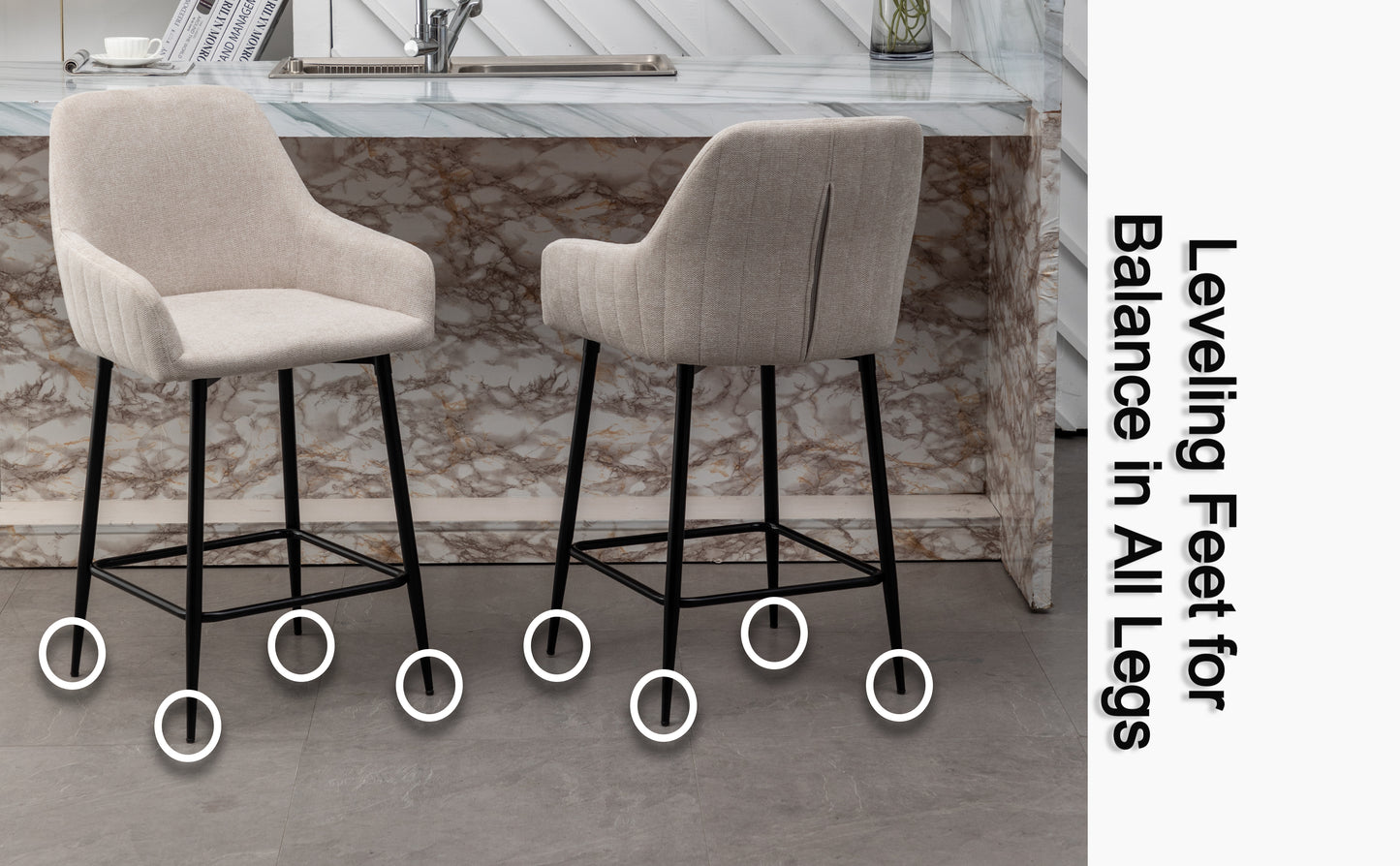 BTEXPERT 24" High Back Dining Bar Stools, Beige Linen Fabric Barstools - Set of 2