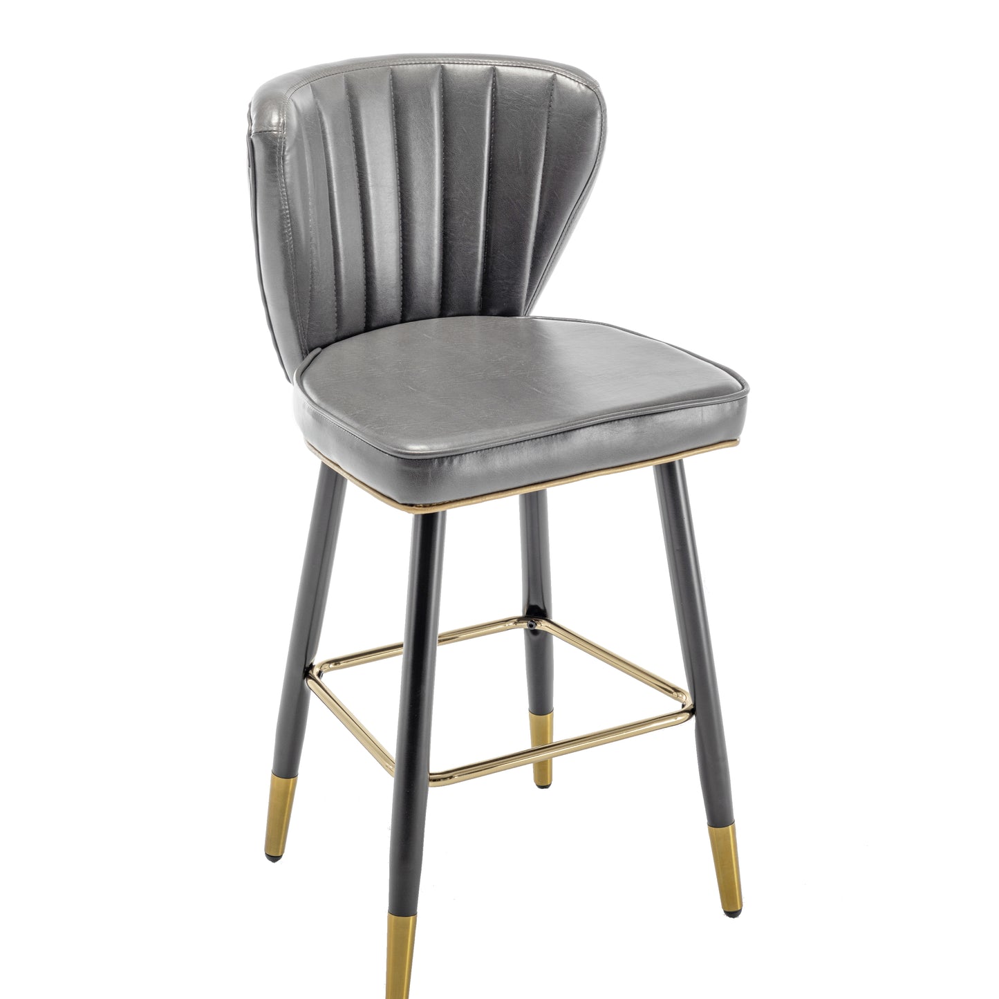 BTExpert 25" High Back Dining Bar Stools, Gray PU Leather Shellback with Gold Trim Feet - Set of 2