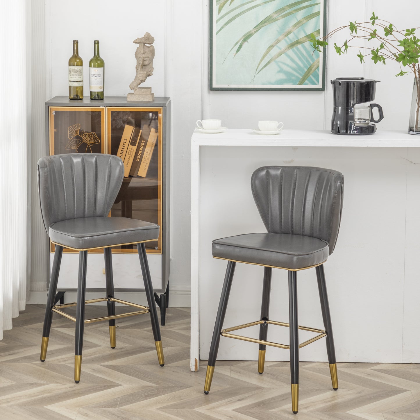 BTExpert 25" High Back Dining Bar Stools, Gray PU Leather Shellback with Gold Trim Feet - Set of 2
