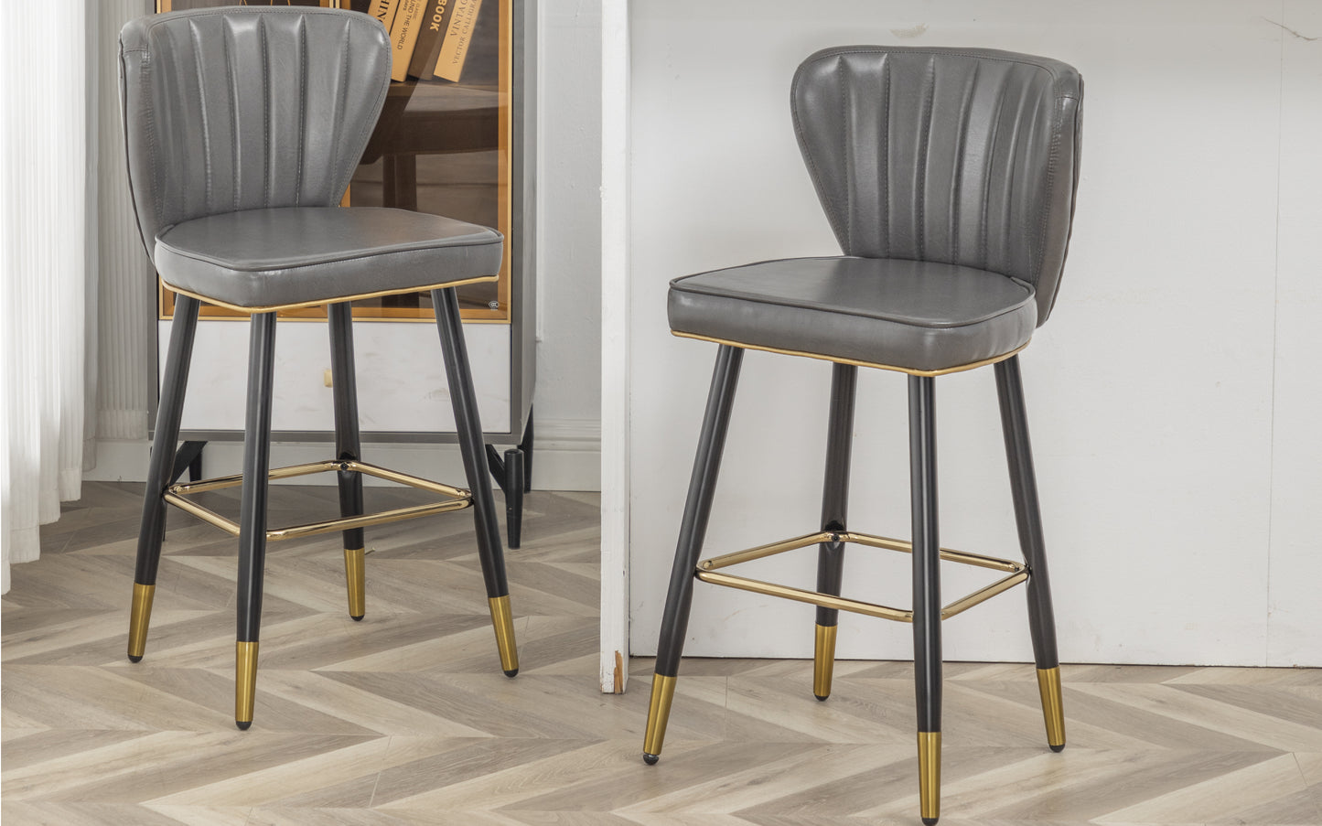 BTExpert 25" High Back Dining Bar Stools, Gray PU Leather Shellback with Gold Trim Feet - Set of 2