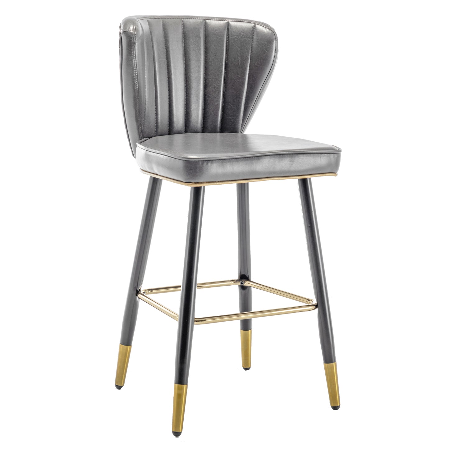 BTExpert 25" High Back Dining Bar Stools, Gray PU Leather Shellback with Gold Trim Feet - Set of 2