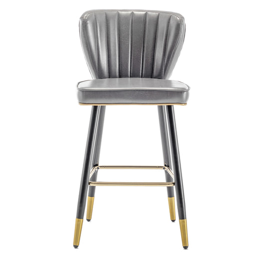 BTExpert 25" High Back Dining Bar Stools, Gray PU Leather Shellback with Gold Trim Feet - Set of 2