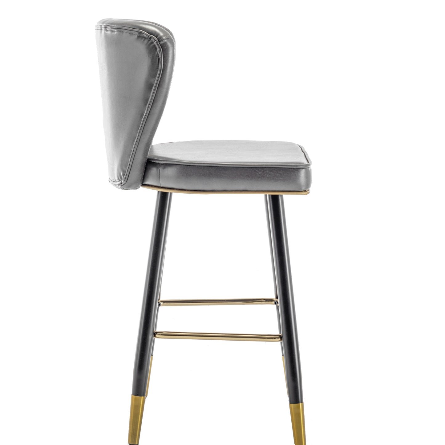 BTExpert 25" High Back Dining Bar Stools, Gray PU Leather Shellback with Gold Trim Feet - Set of 2