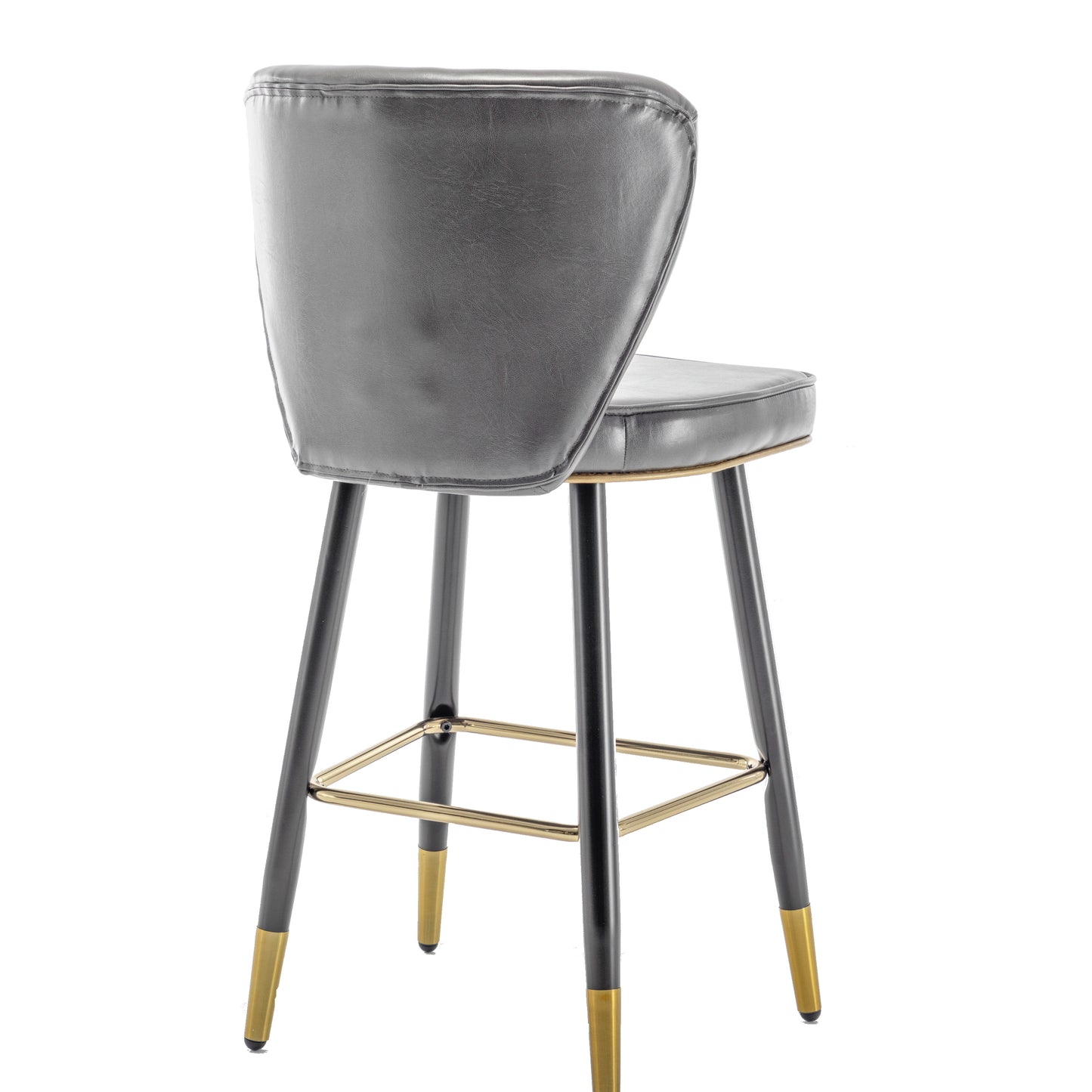 BTExpert 25" High Back Dining Bar Stools, Gray PU Leather Shellback with Gold Trim Feet - Set of 2