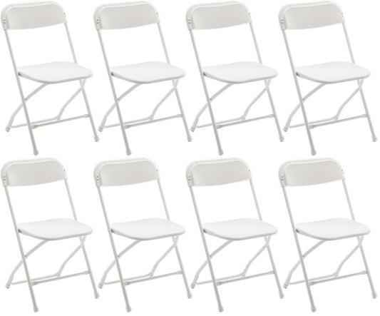 White Plastic Folding Chair, Steel Frame, High Capacity, Lightweight for Office, Wedding, Party, Picnic, Dining, School - Set of 8