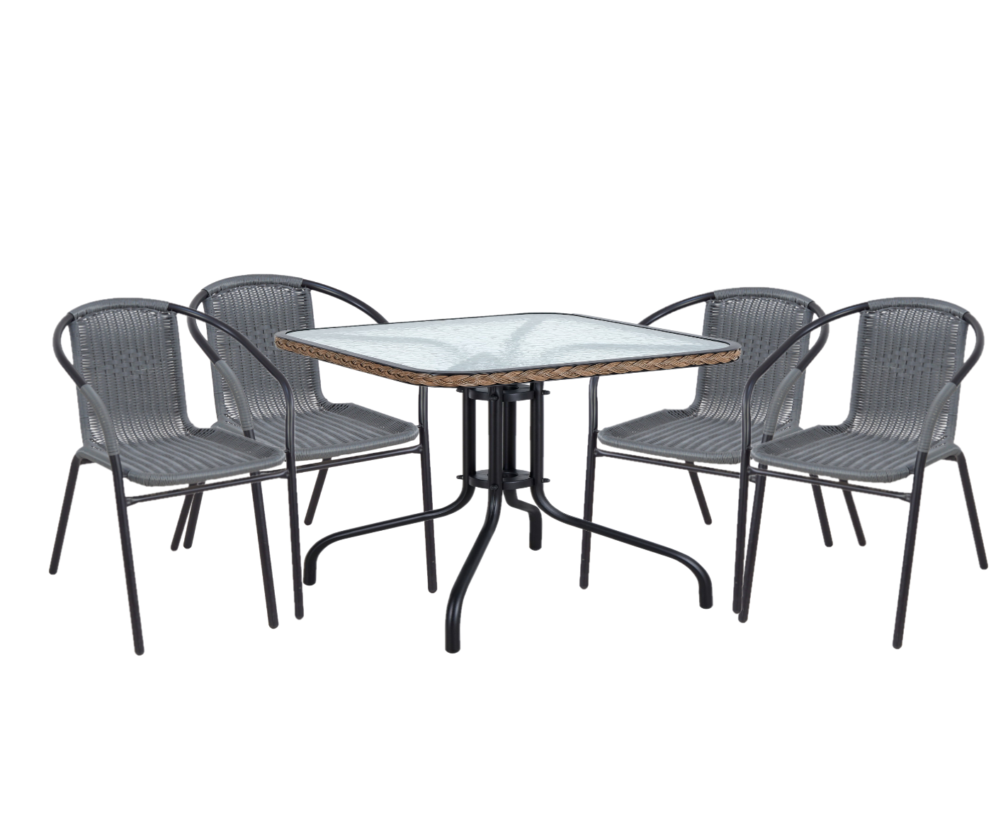 BTExpert Indoor Outdoor 28" Square Glass Metal Table Gray Rattan Trim + 4 Gray Rattan Stack Chairs