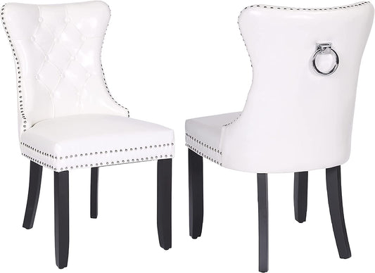 BTExpert High-Back White PU Leather Tufted Dining Accent Chairs, Nailhead Trim, Ring Pull, Solid Wood Legs - Set of 2