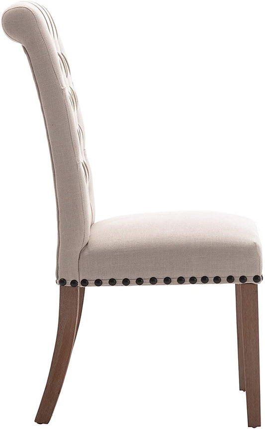 BTExpert Tufted High Back Upholstered Dining Chairs, Solid Wood, Nail Trim, Beige Linen