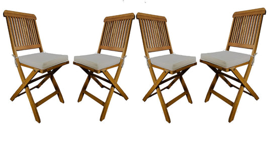 BTExpert 4 Outdoor Folding Chairs, Fully Assembled Acacia Wood, Teak Finish, Beige Cushions for Patio, Garden