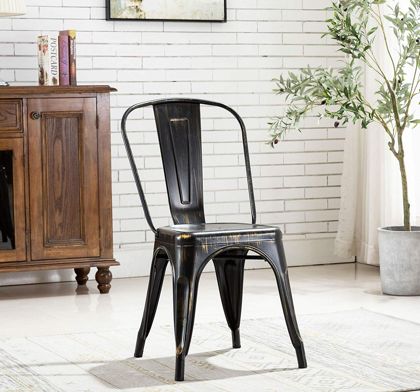 BTExpert Golden Black Distressed Metal Stackable Bistro Dining Chairs - Set of 4