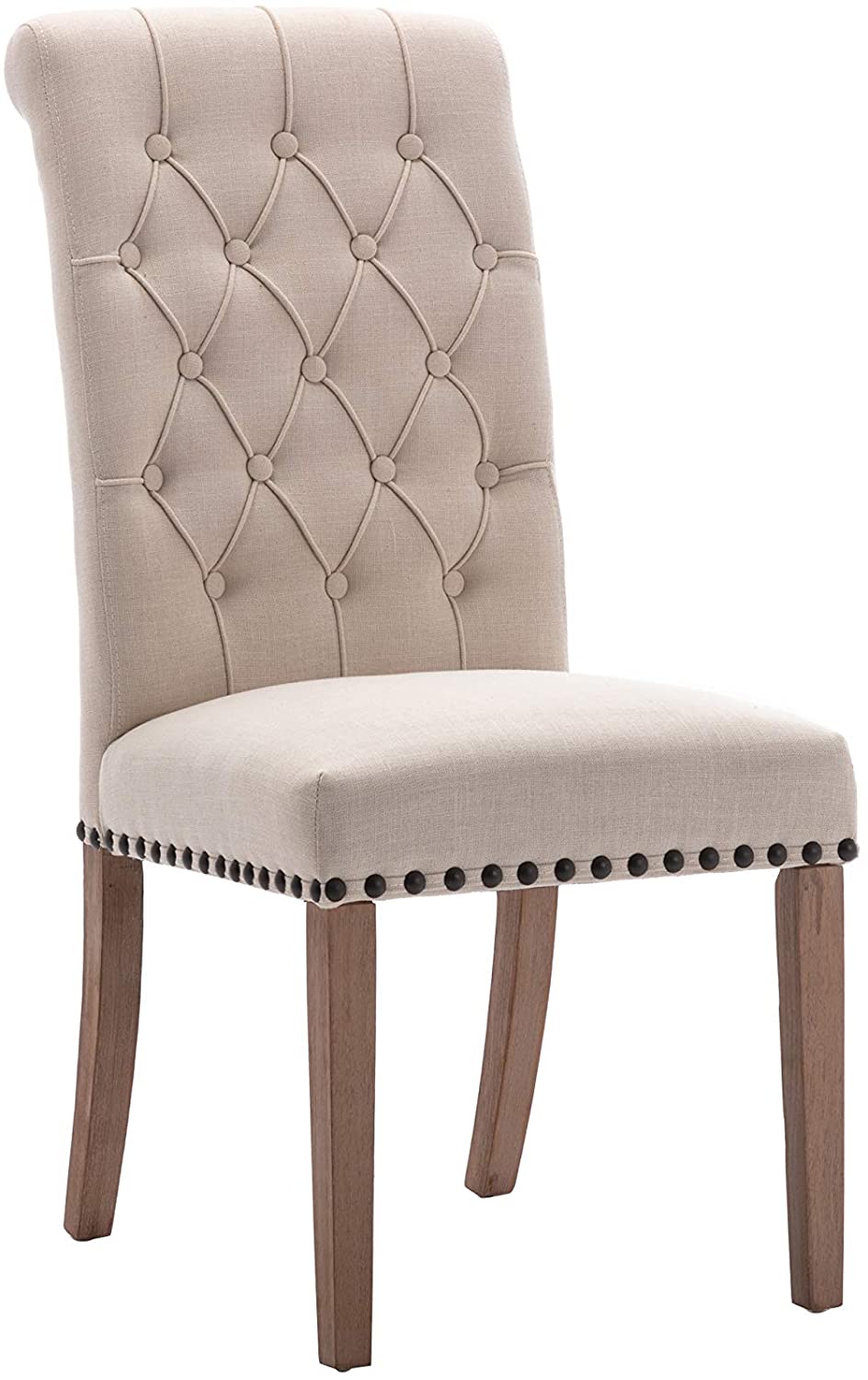 BTExpert Tufted High Back Upholstered Dining Chairs, Solid Wood, Nail Trim, Beige Linen