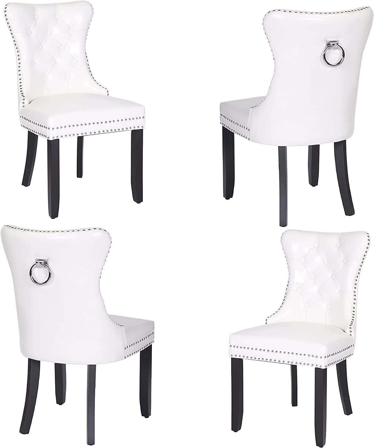 BTExpert High-Back White PU Leather Tufted Dining Chairs, Nailhead Trim, Ring Pull, Solid Wood Legs - Set of 4