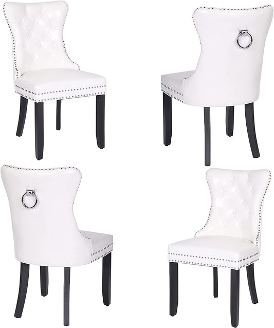 BTExpert High-Back White PU Leather Tufted Dining Chairs, Nailhead Trim, Ring Pull, Solid Wood Legs - Set of 4