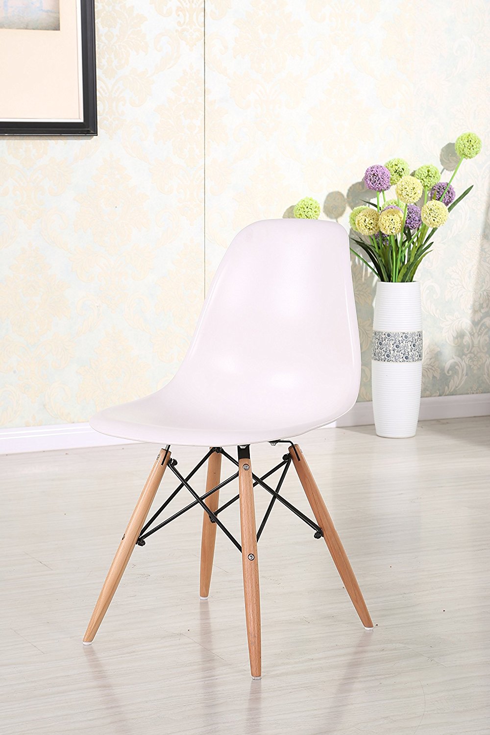 Eiffel Natural Wood Dowell Legs Dining Side Chair White DSW - Set of 2