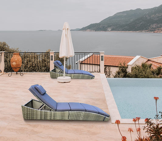 BTExpert Outdoor Foldable Chaise Lounge Chair, Wicker Rattan Reclining Sun Bed with Adjustable Padded Backrest & Pillow, Grey - Set of 2