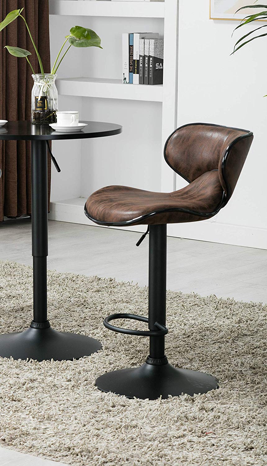 BTExpert Industrial Adjustable 27-36" Metal Bar Table, Swivel 23.8" Round MDF Wood Top, Black Base