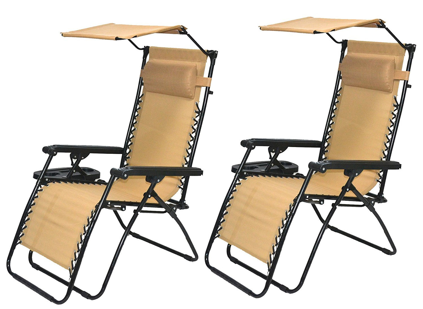 Outdoor Zero Gravity Chair with Canopy, Utility Tray & Cup Holder, Tan Beige, 2 - Pack