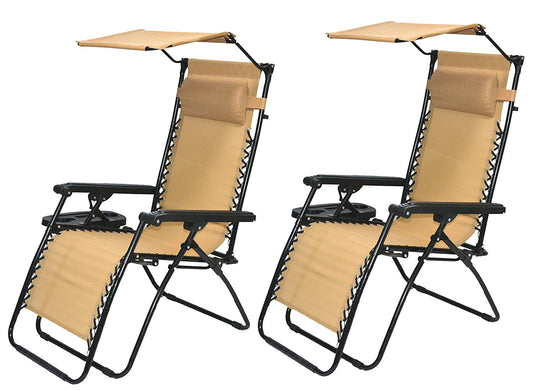 Outdoor Zero Gravity Chair with Canopy, Utility Tray & Cup Holder, Tan Beige, 2 - Pack