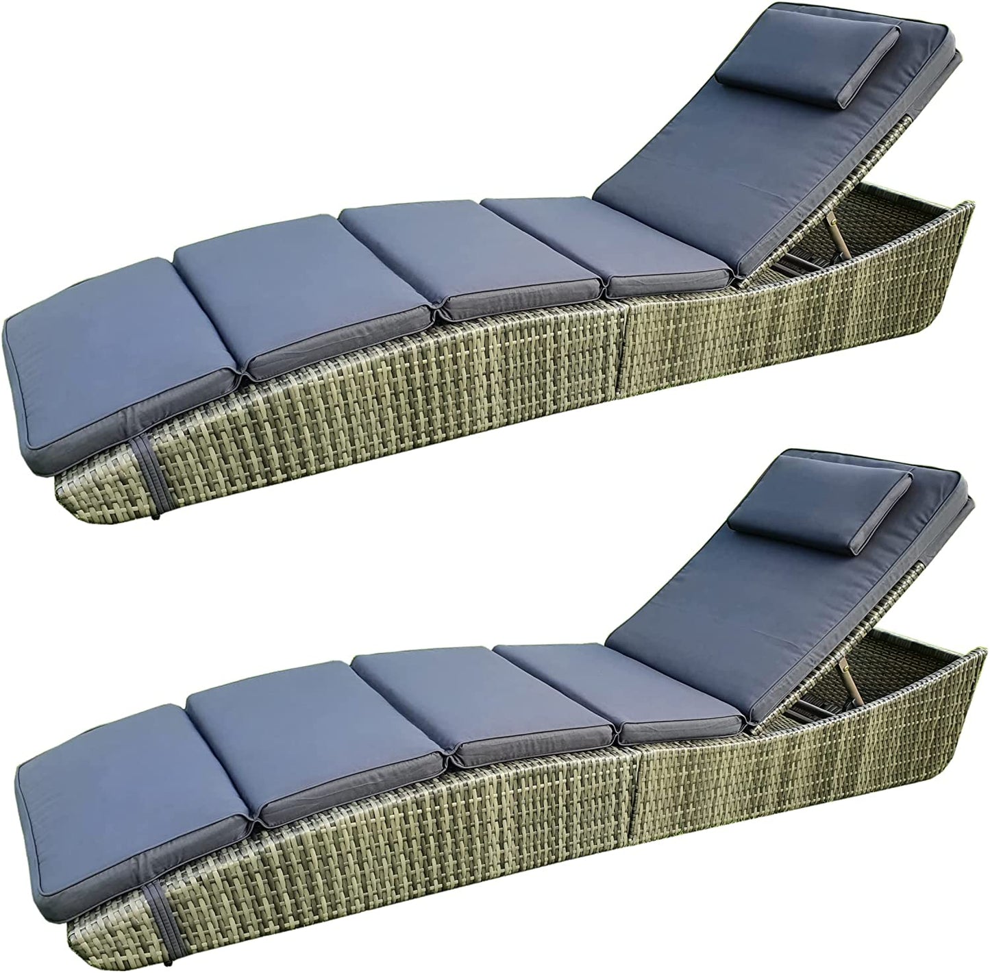 BTExpert Outdoor Foldable Chaise Lounge Chair, Wicker Rattan Reclining Sun Bed with Adjustable Padded Backrest & Pillow, Grey - Set of 2