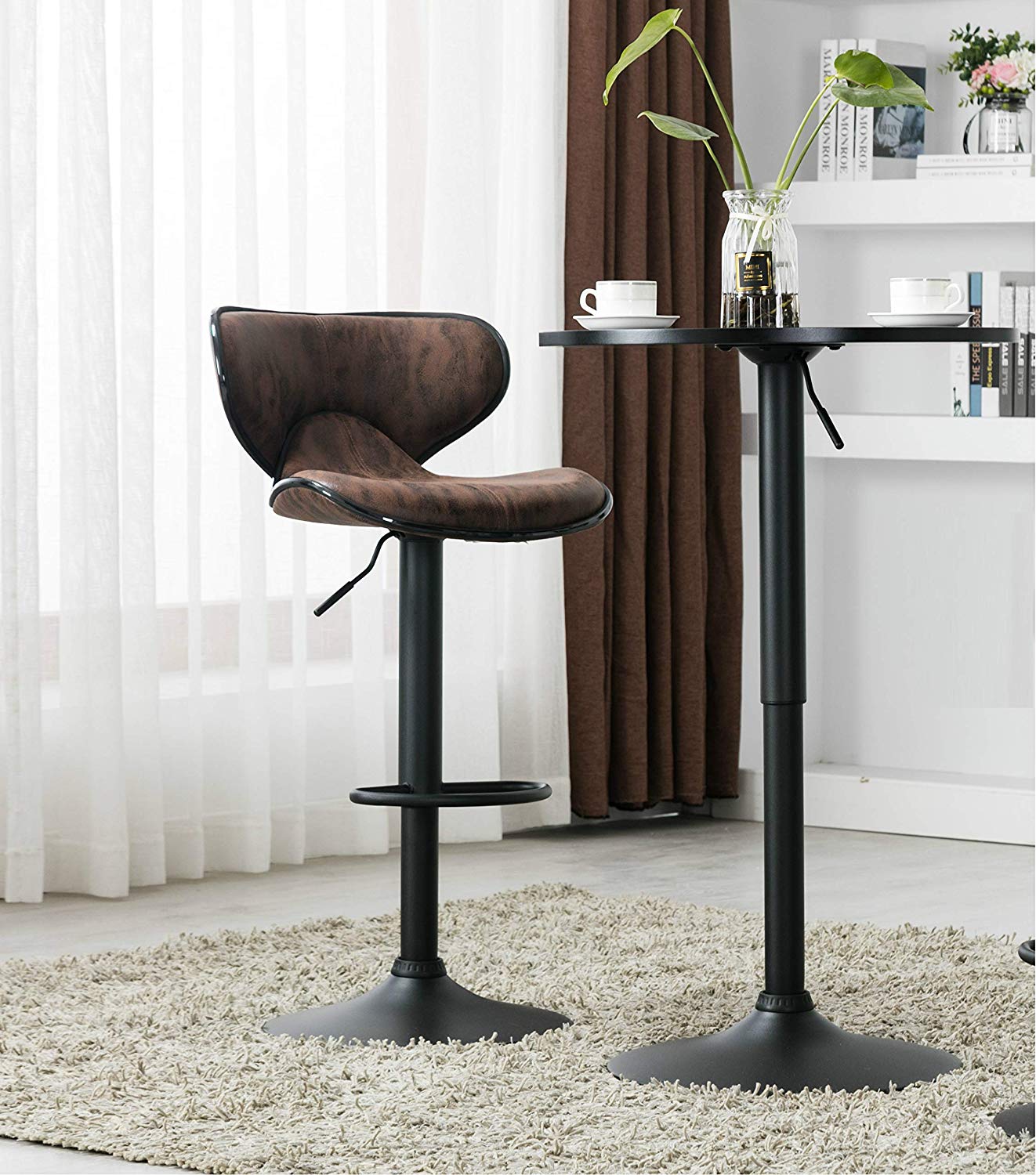 BTExpert Industrial Adjustable 27-36" Metal Bar Table, Swivel 23.8" Round MDF Wood Top, Black Base
