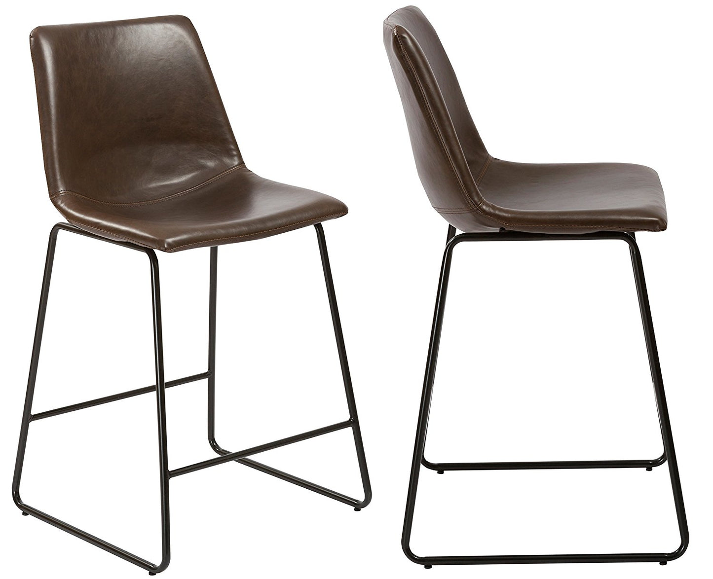 Leather Upholstery Counterheight Stool Chairs, Brown Rustic Style - Set of 2