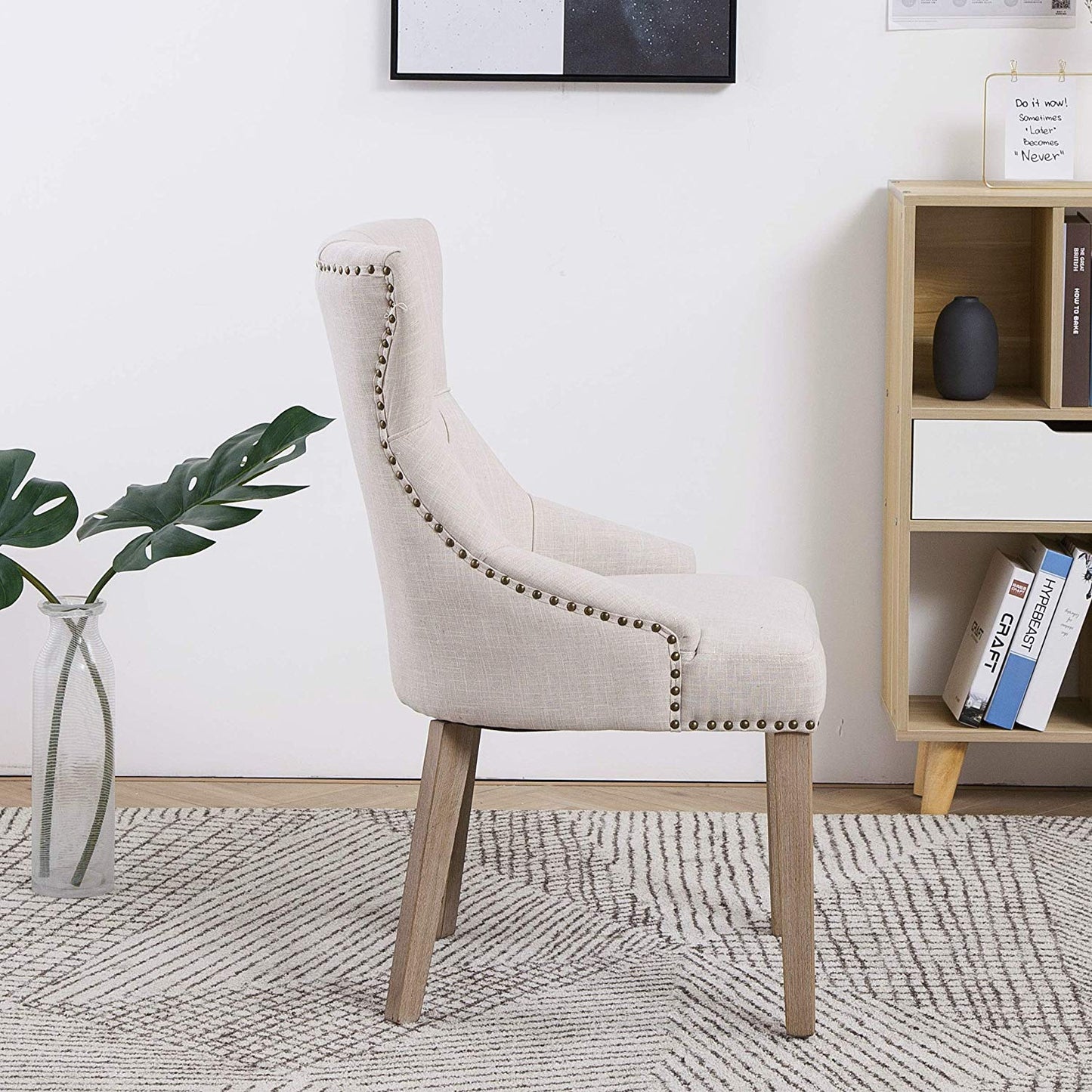 BTExpert High Back Tufted Parsons Dining Room Set of Chairs Nail Trim Linen Beige