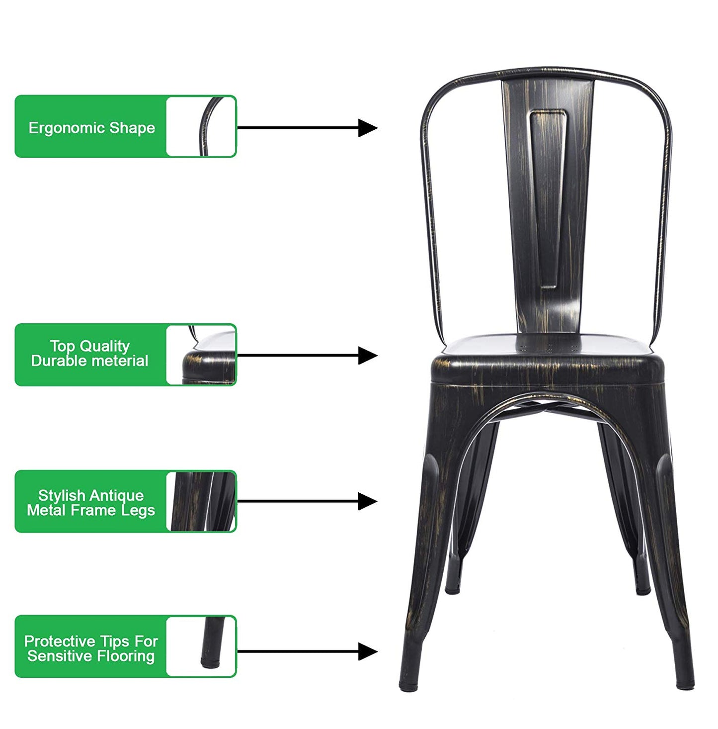BTExpert Golden Black Distressed Metal Stackable Bistro Dining Chairs - Set of 4