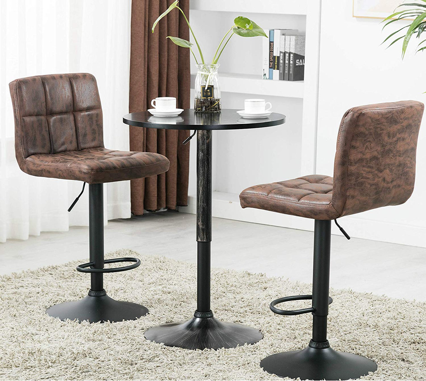 BTExpert Industrial Adjustable 27-36" Metal Bar Table, Swivel Round MDF Wood Top, Antique Golden Black Base