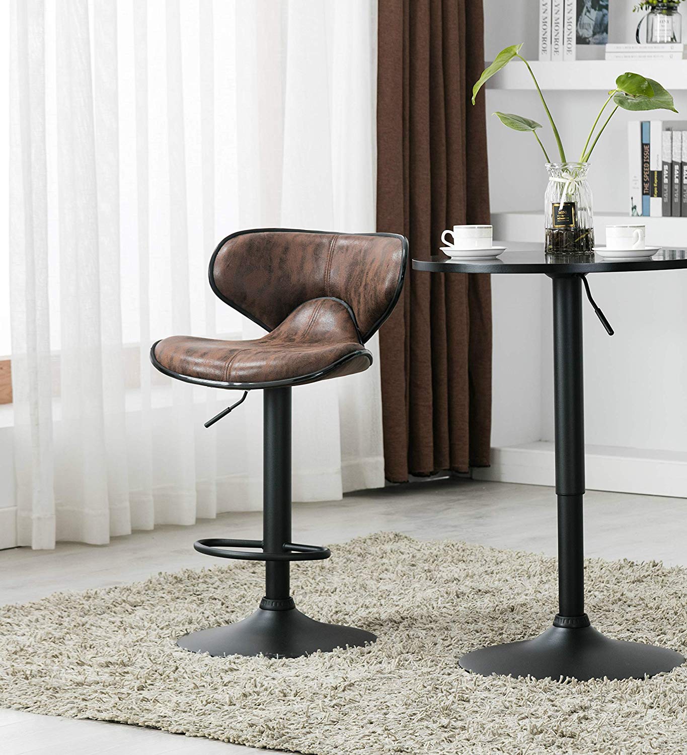 BTExpert Industrial Adjustable 27-36" Metal Bar Table, Swivel 23.8" Round MDF Wood Top, Black Base
