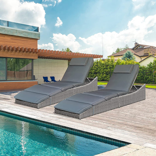 BTExpert Outdoor Foldable Chaise Lounge Chair, Wicker Rattan Reclining Sun Bed with Adjustable Padded Backrest & Pillow, Grey - Set of 2