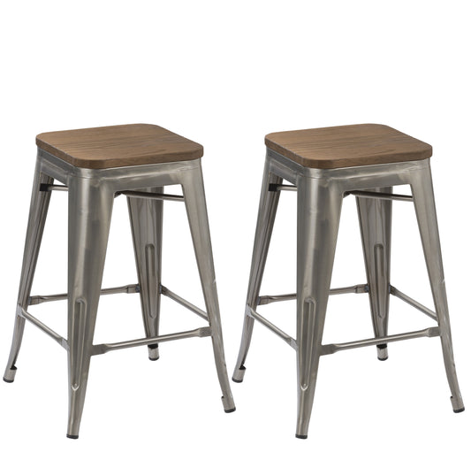 24" inch Metal Vintage Gunmetal Distressed Bar Stool Modern Wood top - Set of 2