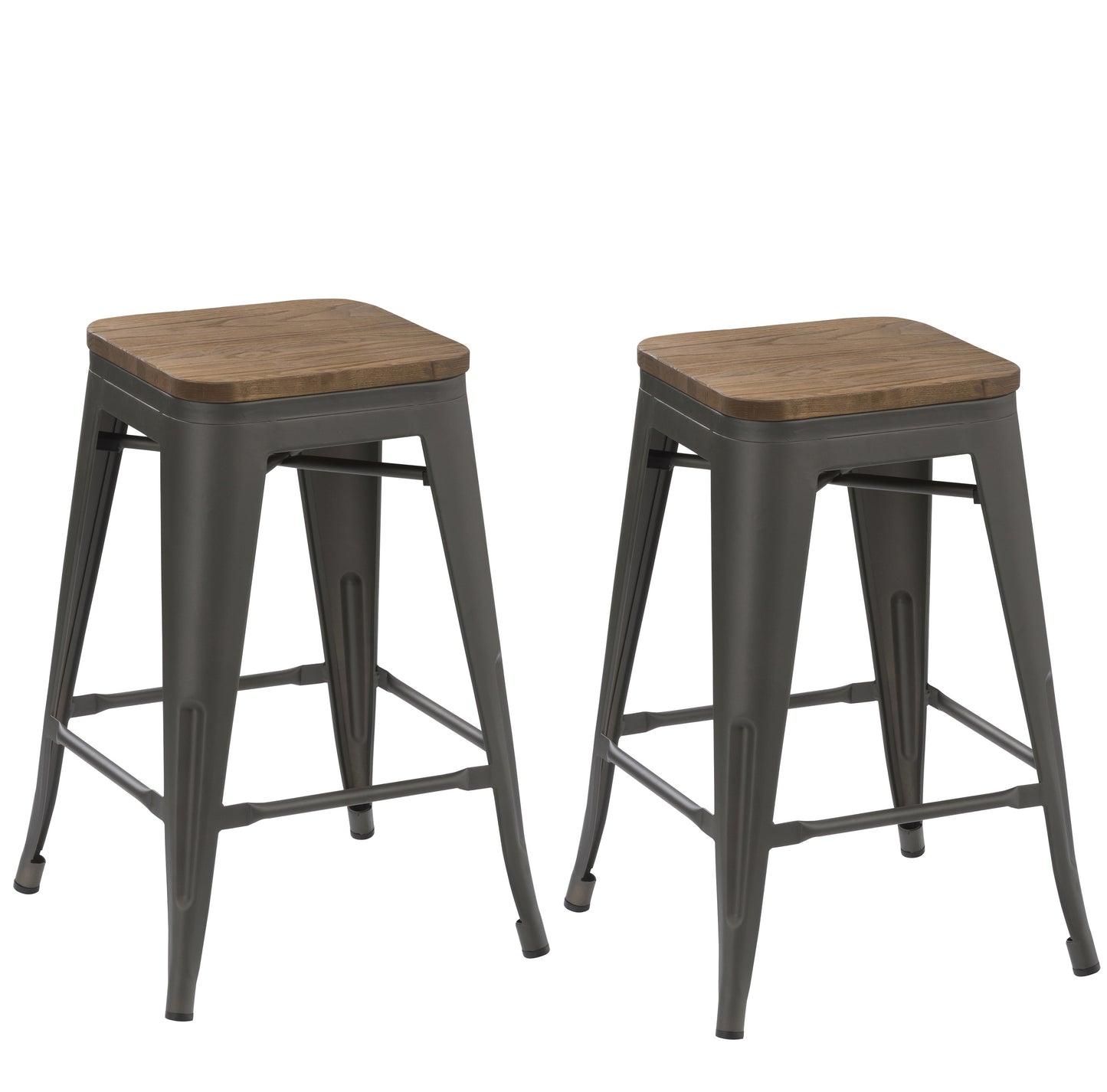 24" Antique Gunmetal stackable Metal Barstools Handmade Wood seat - Set of 2