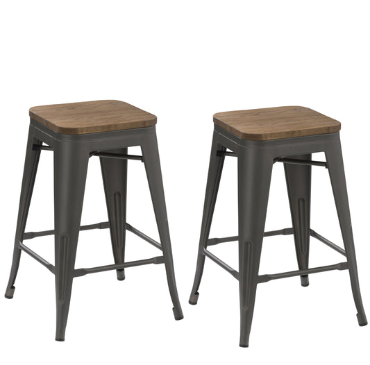 BTExpert 30" Industrial Metal Vintage Stackable Distressed Counter Bar Stool Wood top - Set of 2