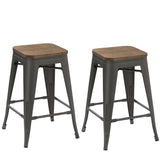 24" Antique Gunmetal stackable Metal Barstools Handmade Wood seat - Set of 2