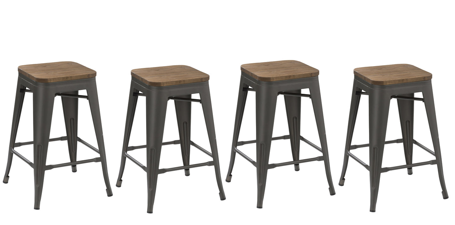 BTExpert 24" Metal Vintage Antique Gunmetal Counter Bar Stool Handmade Wood top - Set of 4