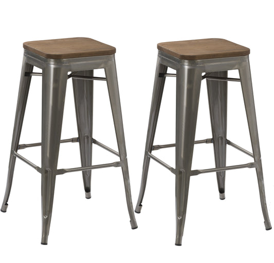 BTExpert 30" Industrial Vintage Brush Distressed Metal Bar Stools wood seat - Set of 2