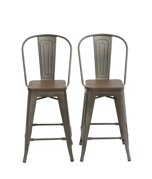 24" Metal Antique Rustic Counter height Bar Stool Chair High Back Wood seat - Set of 4