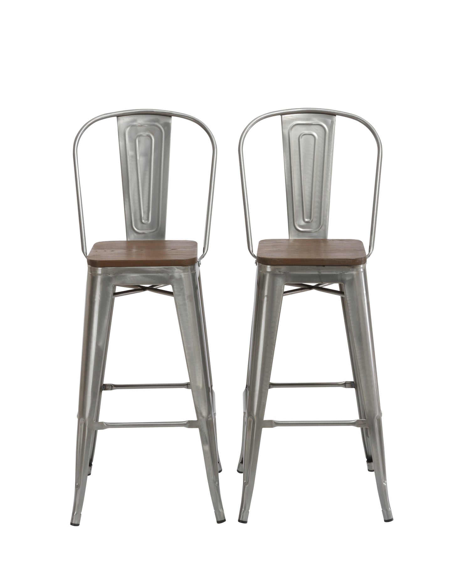 24" Clear Metal Antique Counter height Bar Stool Chair High Back Wood seat - Set of 2