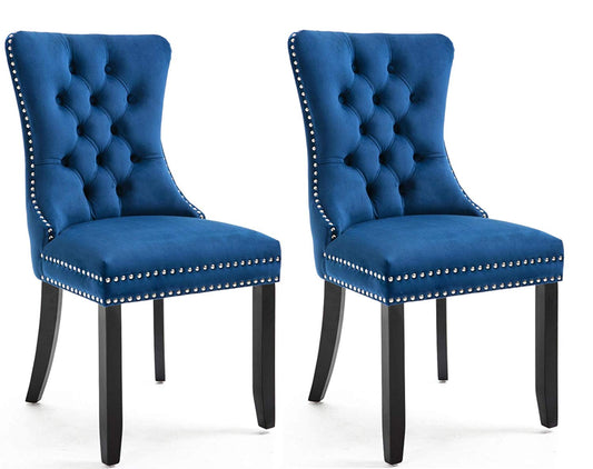 BTExpert High Back Navy Blue Velvet Tufted Dining Chairs, Solid Wood, Nail Trim & Ring - Set of 2