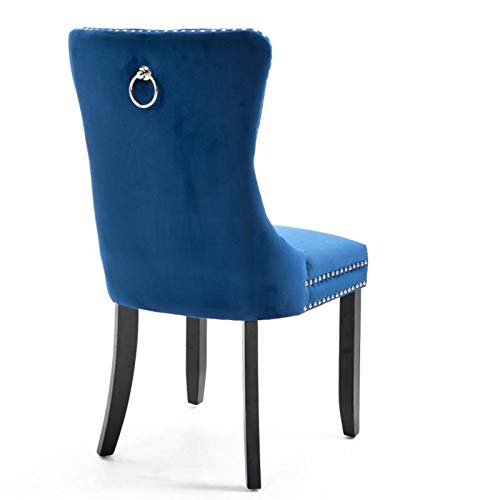 BTExpert High Back Navy Blue Velvet Tufted Dining Chairs, Solid Wood, Nail Trim & Ring - Set of 2