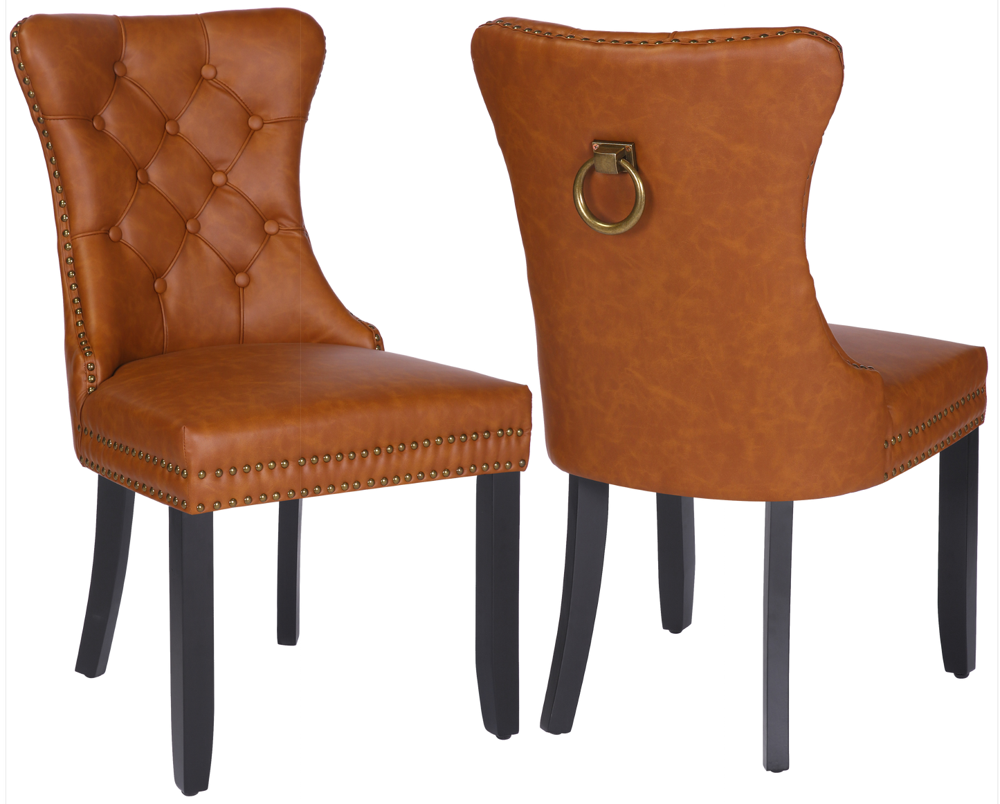 BTExpert High-Back Brown PU Leather Tufted Dining Chair with Nailhead Trim, Ring Pull & Wooden Legs - Set of 2