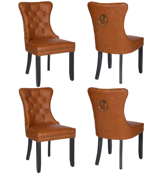 BTExpert High-Back Brown PU Leather Tufted Dining Accent Chair Nailhead Trim, Ring Pull & Solid Wood Legs - Set of 4
