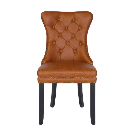 BTExpert High-Back Brown PU Leather Tufted Dining Accent Chair Nailhead Trim, Ring Pull & Solid Wood Legs - Set of 4