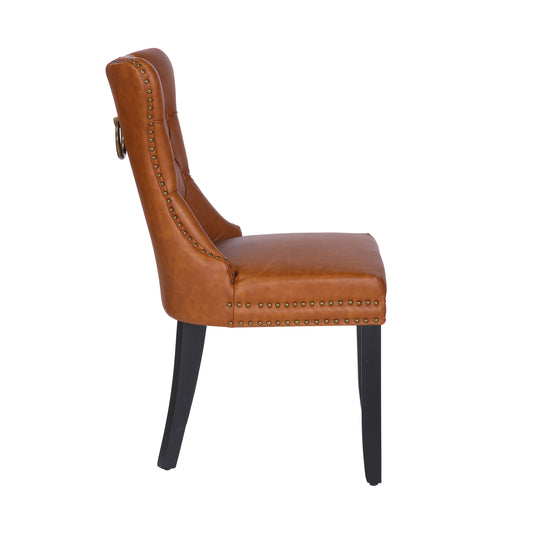 BTExpert High-Back Brown PU Leather Tufted Dining Chair with Nailhead Trim, Ring Pull & Wooden Legs - Set of 2