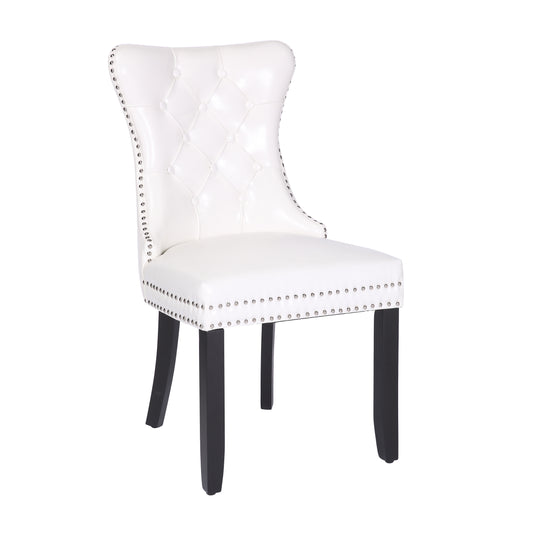 BTExpert High-Back White PU Leather Tufted Dining Accent Chairs, Nailhead Trim, Ring Pull, Solid Wood Legs - Set of 2