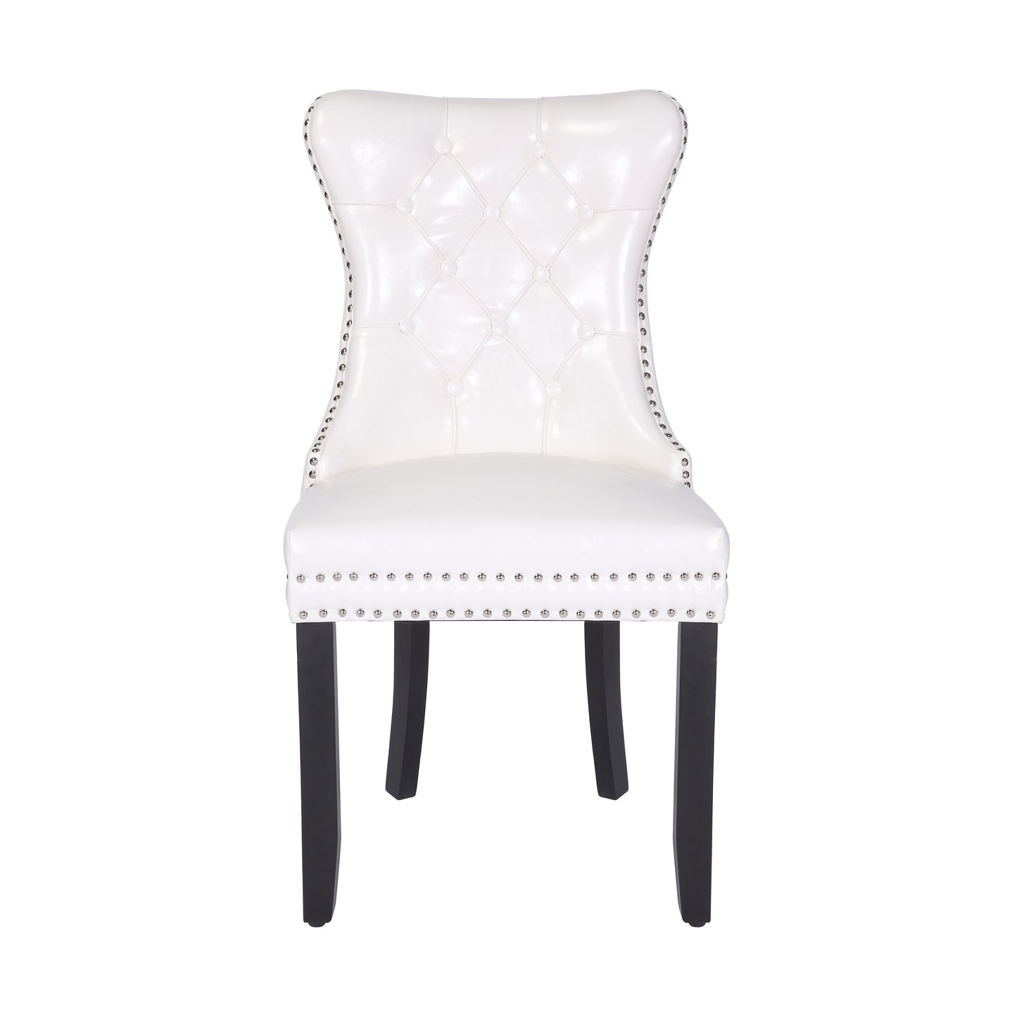 BTExpert High-Back White PU Leather Tufted Dining Accent Chairs, Nailhead Trim, Ring Pull, Solid Wood Legs - Set of 2