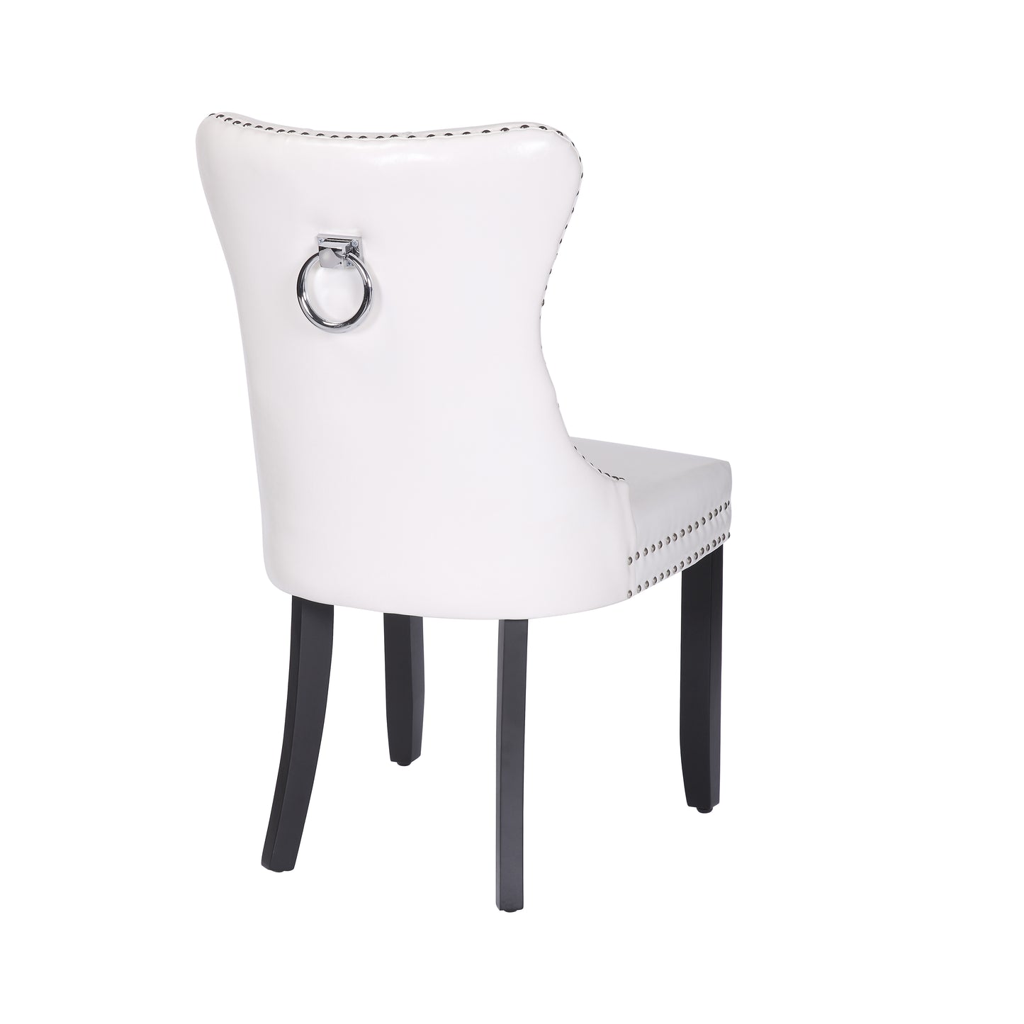 BTExpert High-Back White PU Leather Tufted Dining Accent Chairs, Nailhead Trim, Ring Pull, Solid Wood Legs - Set of 2