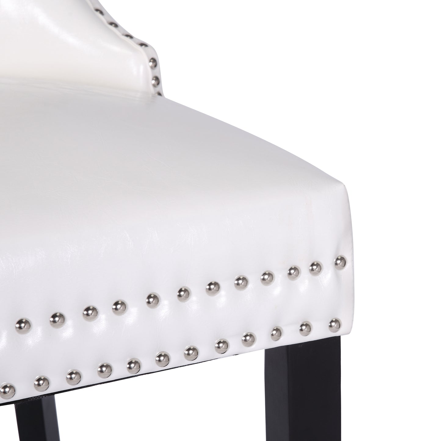 BTExpert High-Back White PU Leather Tufted Dining Accent Chairs, Nailhead Trim, Ring Pull, Solid Wood Legs - Set of 2