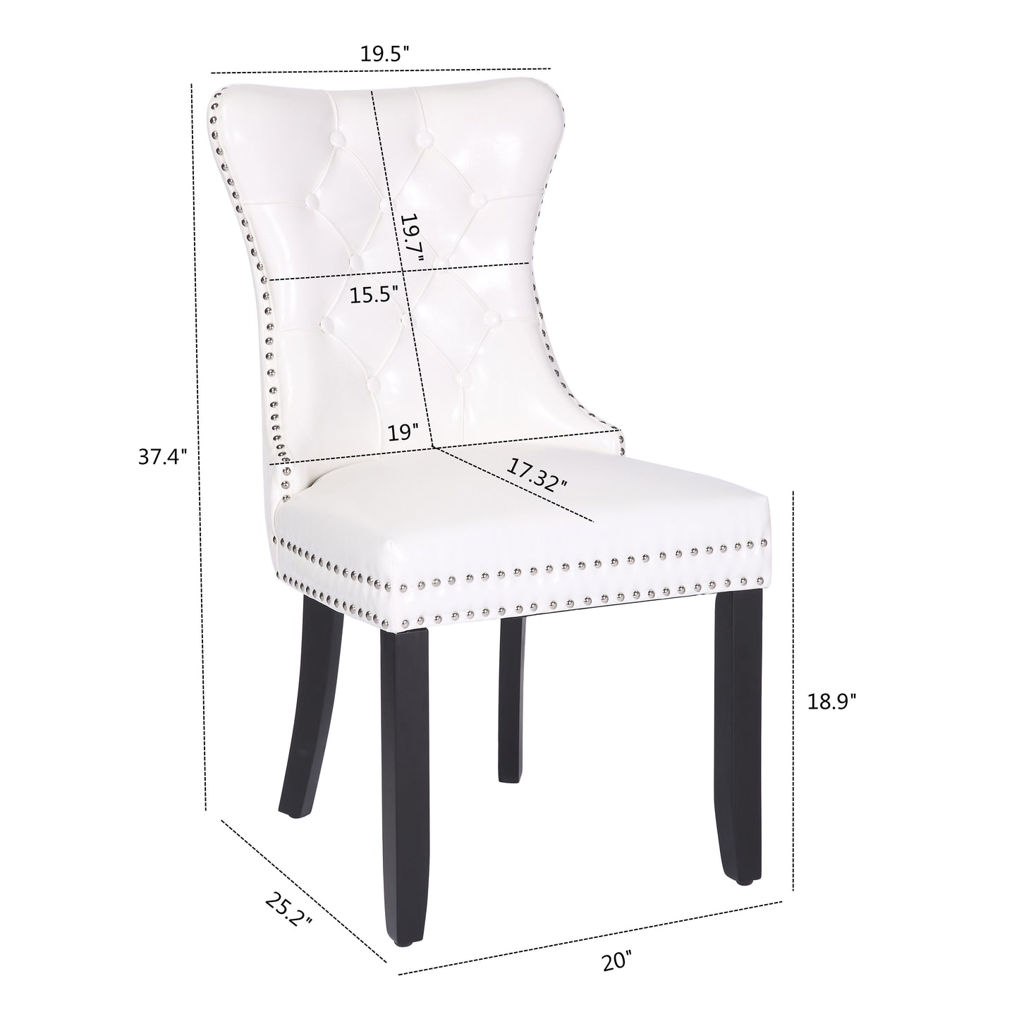 BTExpert High-Back White PU Leather Tufted Dining Accent Chairs, Nailhead Trim, Ring Pull, Solid Wood Legs - Set of 2